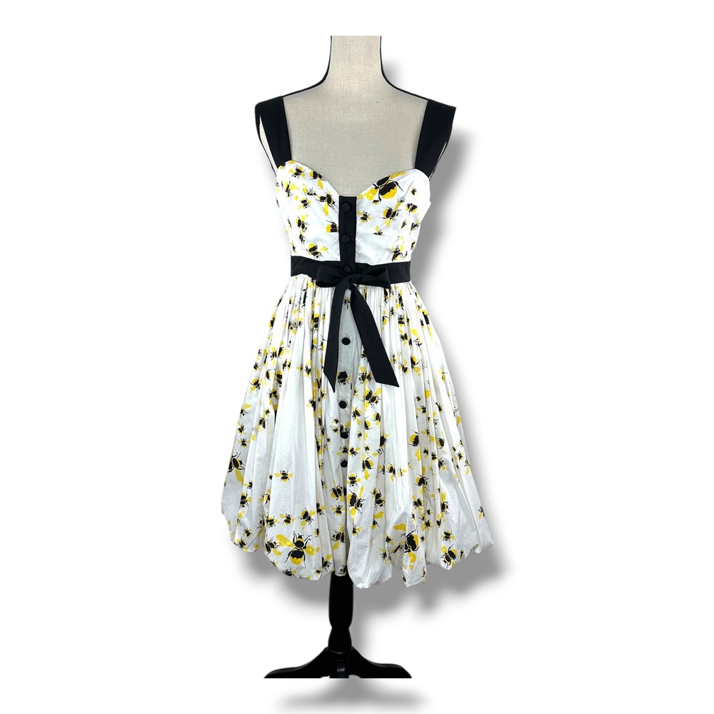 Diane von Furstenberg Bee Print Cotton Fit & Flare Dress White Yellow Black Sz 8